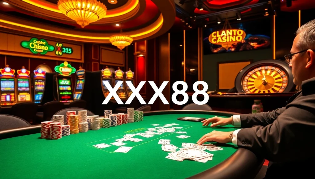 XX88 casino scene showcasing poker excitement and gambling action with vibrant atmosphere.