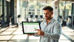 Calculate your metabolic age with an interactive calculator displayed by a health coach in a vibrant gym.