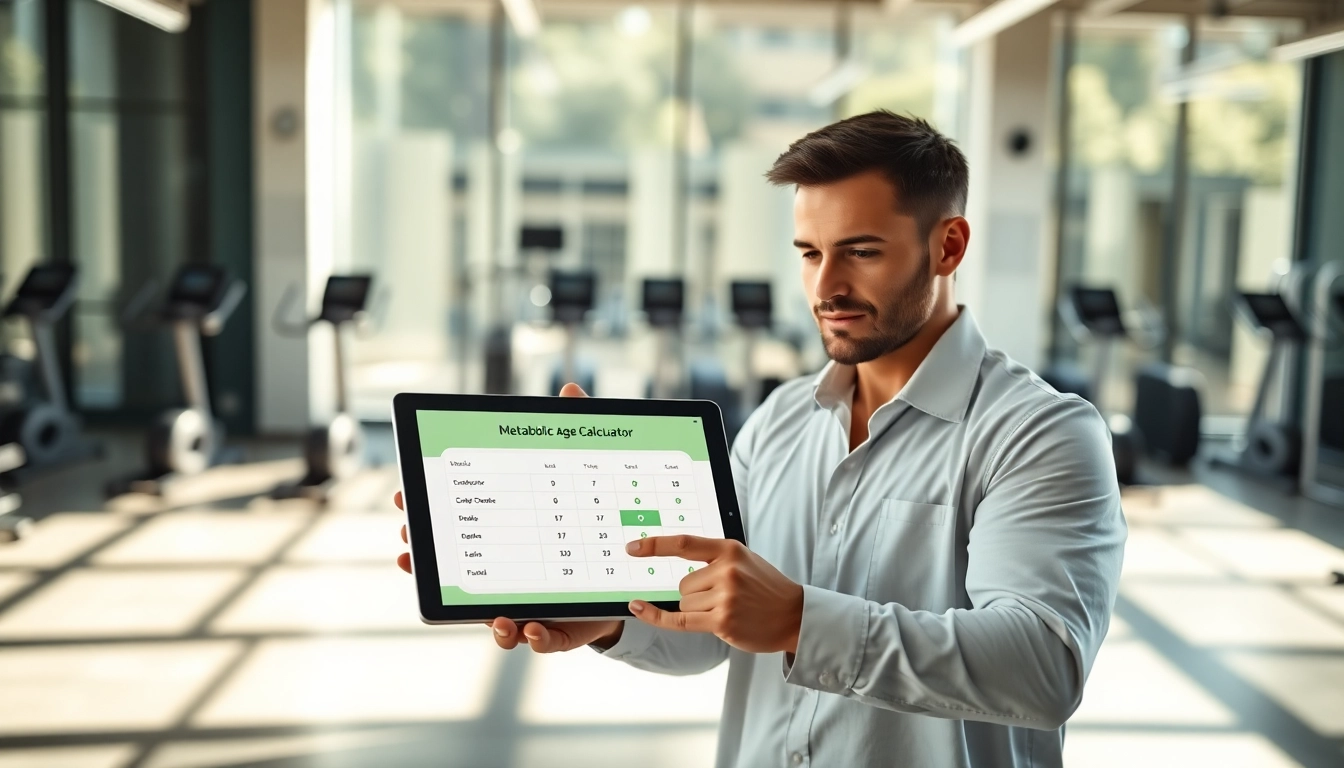 Calculate your metabolic age with an interactive calculator displayed by a health coach in a vibrant gym.