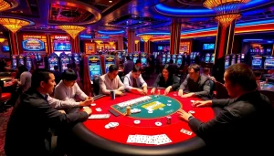 Players engaging at a vibrant poker table in Nhà cái RR88's luxurious casino environment.
