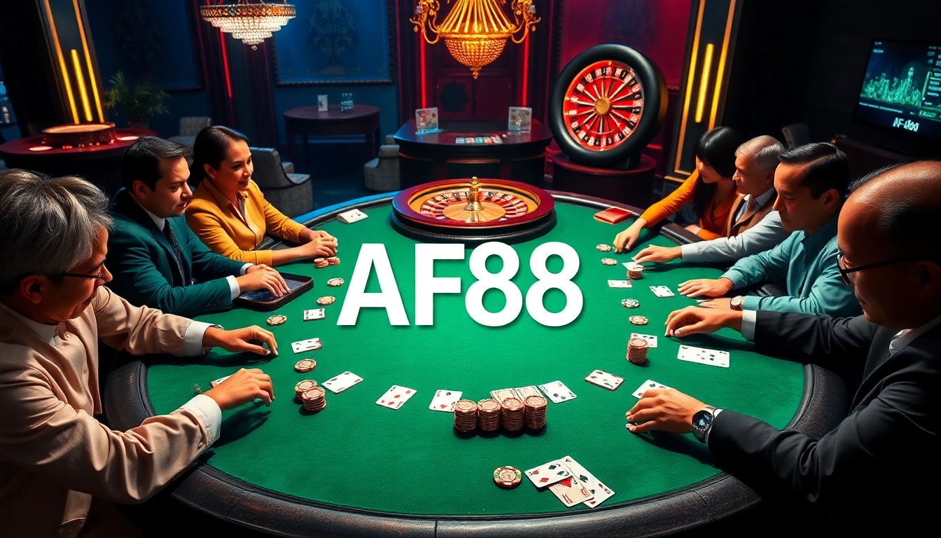 Players gather around an exciting AF88 poker table showcasing chips, cards, and casino ambiance.