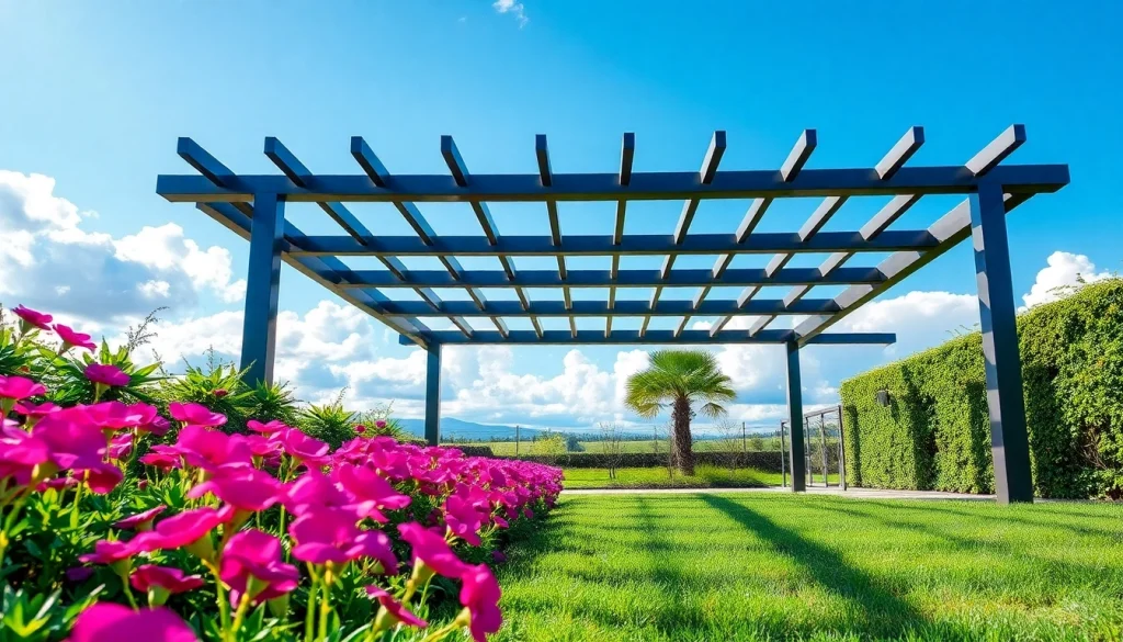 Enhance your outdoor space with a beautifully designed modern steel pergola surrounded by greenery.