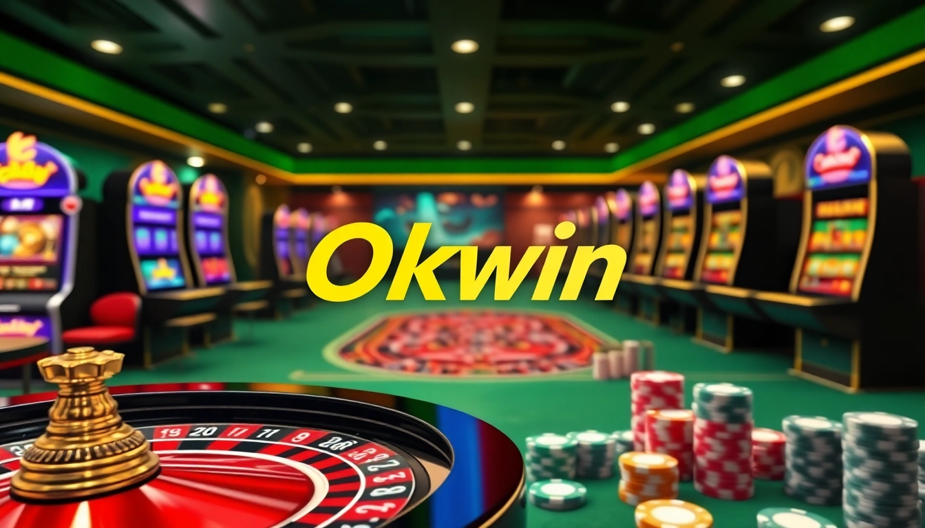 Experience high-stakes gambling with Okwin in a vibrant casino environment showcasing roulette and slot games.