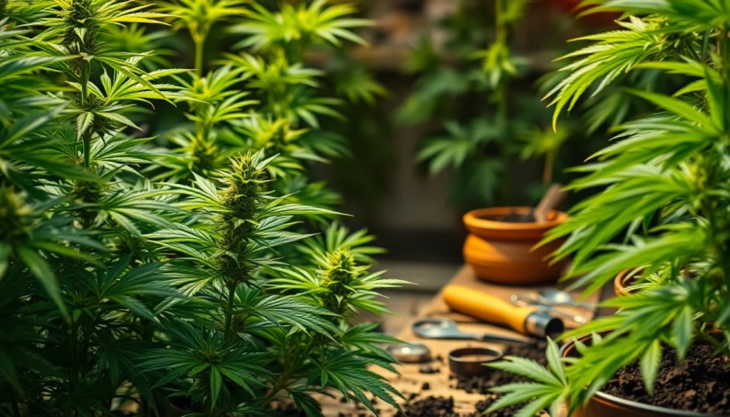 Illustration of a cannabis cultivation scene in espagne showing lush plants and gardening tools.
