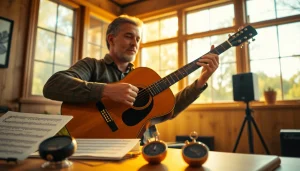 View guitarist showcasing skills at https://guitarlessons.co.uk in cozy studio.