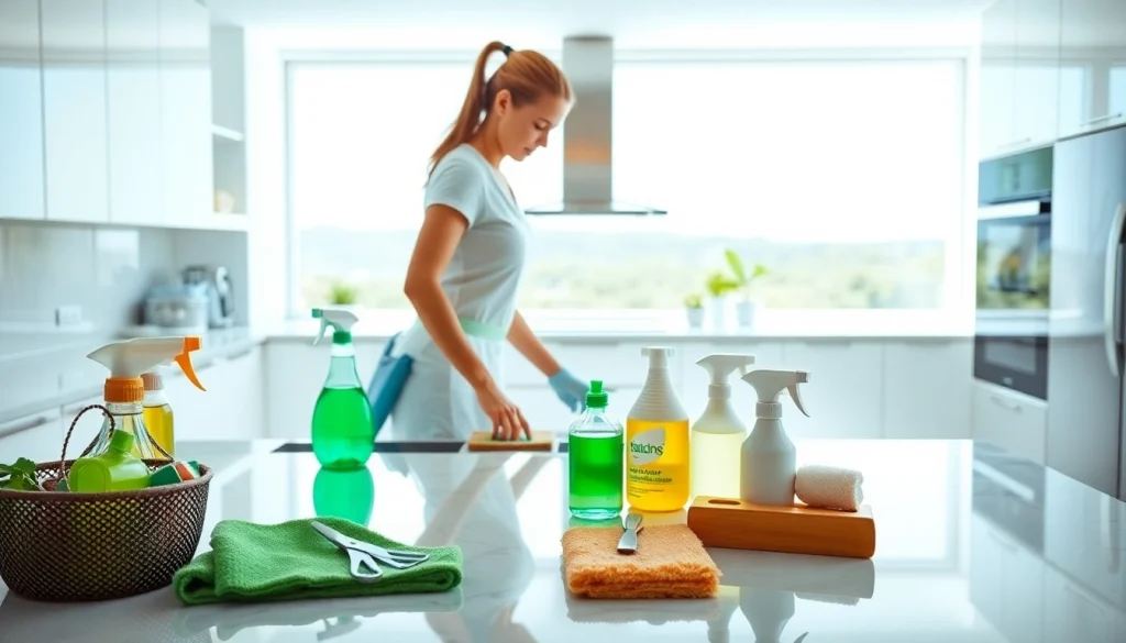 Experience exceptional Villa Deep Cleaning Services Dubai with a professional cleaner enhancing a bright kitchen.