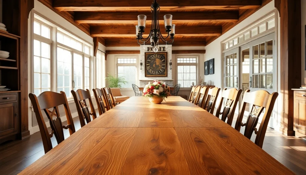 Showcasing exquisite solid wood tables surrounded by elegant seating in a rustic dining setting.