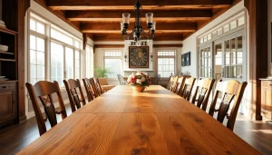 Showcasing exquisite solid wood tables surrounded by elegant seating in a rustic dining setting.