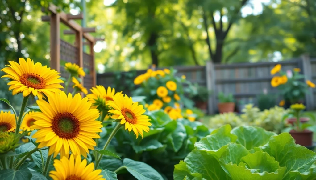 Gardening scene featuring vibrant sunflowers and lettuce in a lush backyard.