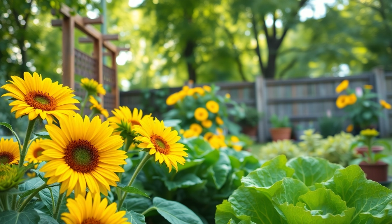 Gardening scene featuring vibrant sunflowers and lettuce in a lush backyard.