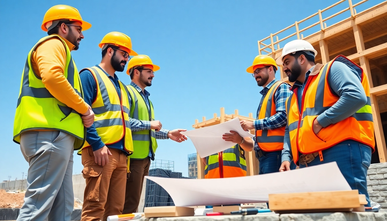 Engaged workers pursuing careers in construction collaboratively on a job site, showcasing teamwork.