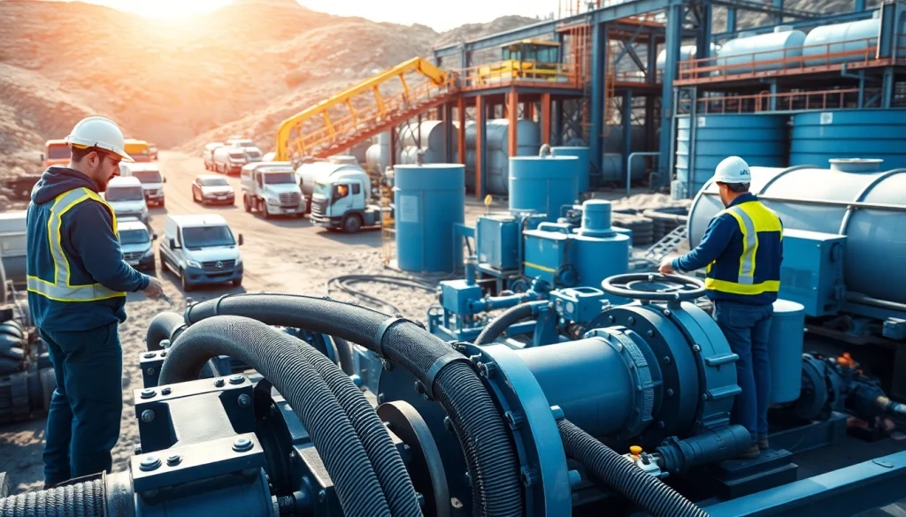 Technicians performing industrial water transfer services at a construction site with equipment in action.