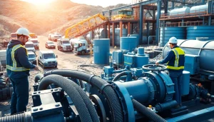 Technicians performing industrial water transfer services at a construction site with equipment in action.