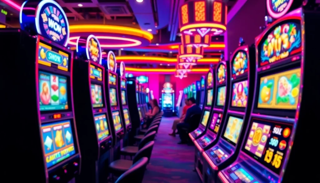 Menampilkan slot depo 1k dengan mesin slot berwarna cerah dan pemain terlibat.