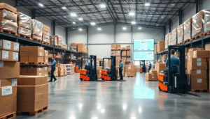 Enhance productivity in warehousing with organized pallets and efficient workers in a spacious facility setting.