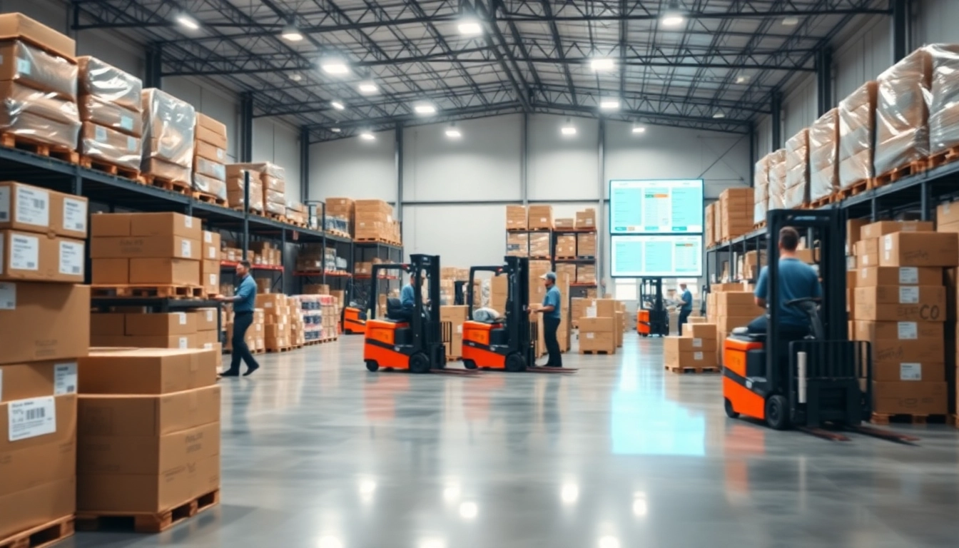 Enhance productivity in warehousing with organized pallets and efficient workers in a spacious facility setting.