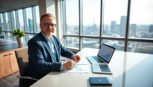 SMSF accountant working in a modern office with financial documents and investment charts