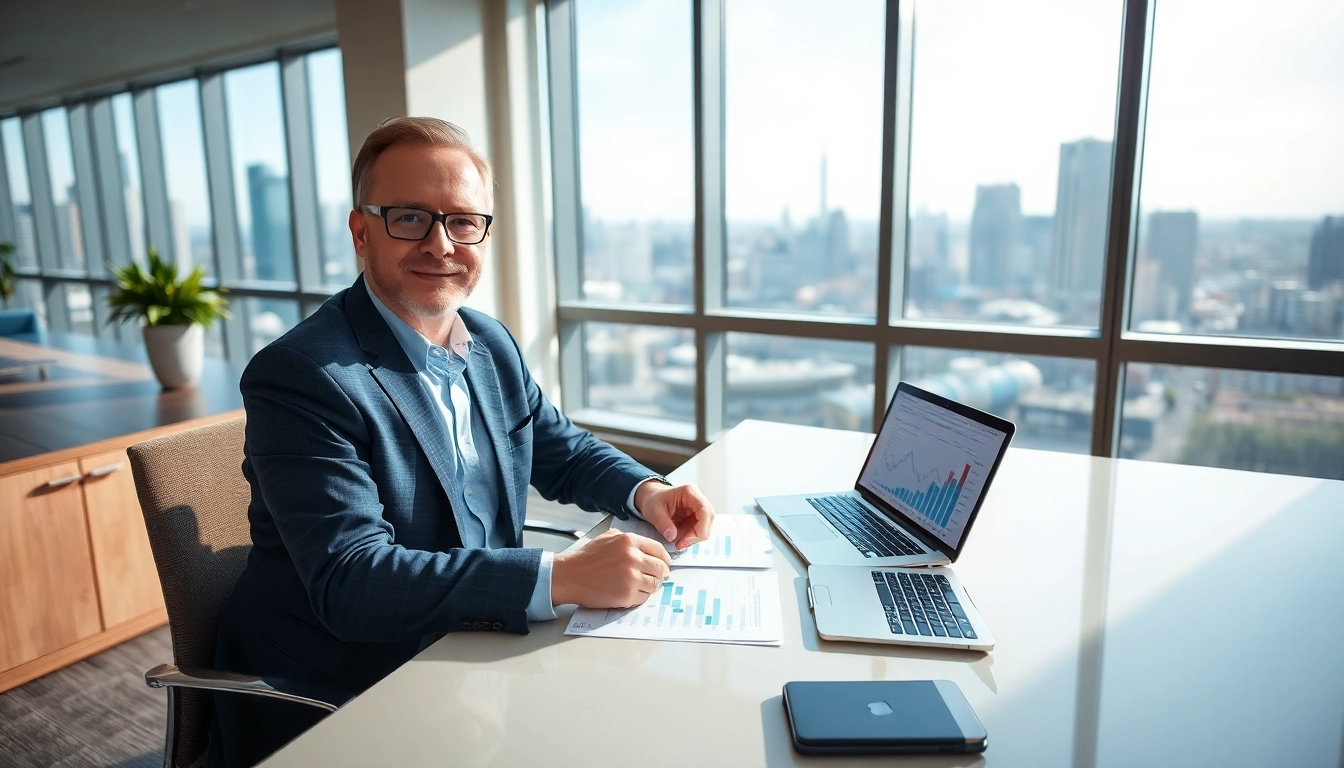 SMSF accountant working in a modern office with financial documents and investment charts