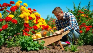 Gardening professional nurturing vibrant flowers in a serene garden setting.