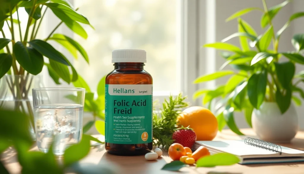 新鮮な果実と緑に囲まれた葉酸サプリ、健康とウェルネスを促進