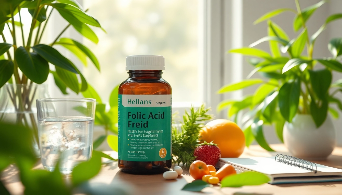 新鮮な果実と緑に囲まれた葉酸サプリ、健康とウェルネスを促進