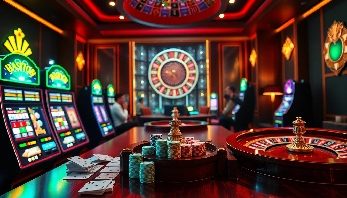 Players enjoying Slot Online games in a vibrant casino setting with glowing machines.