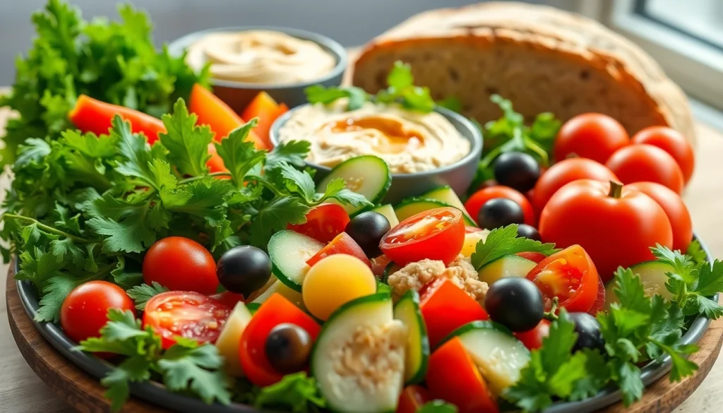 Enjoy a colorful Mediterranean diet platter featuring vibrant vegetables and healthy ingredients.