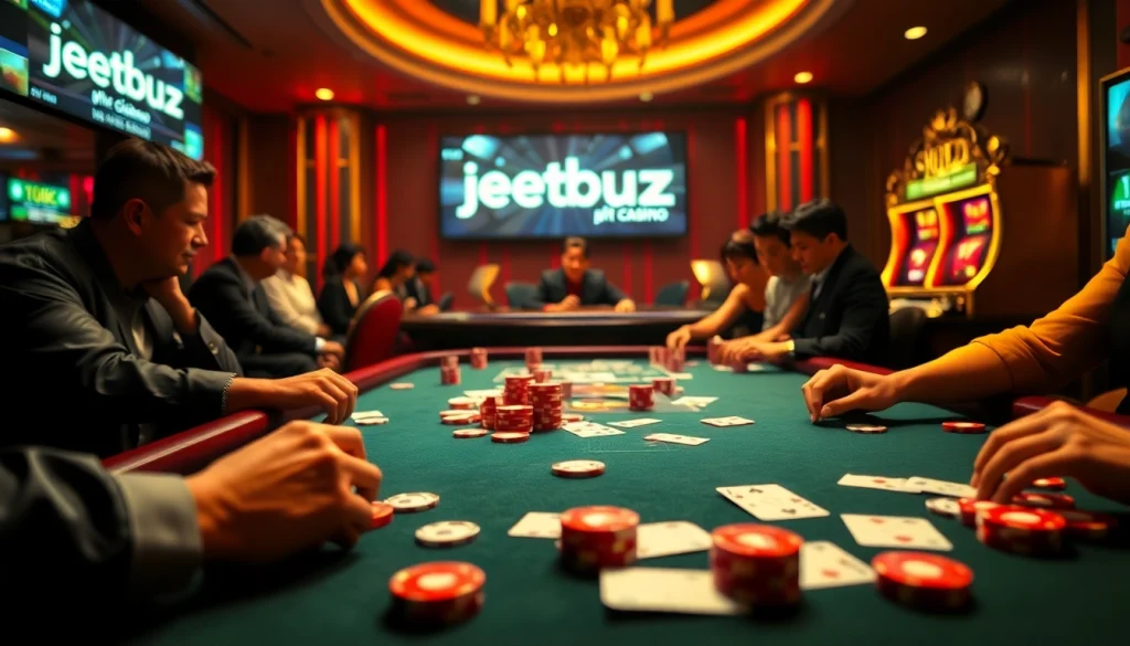 Experience the thrill of gambling with Jeetbuzz লগইন at a luxurious poker table featuring shiny chips.
