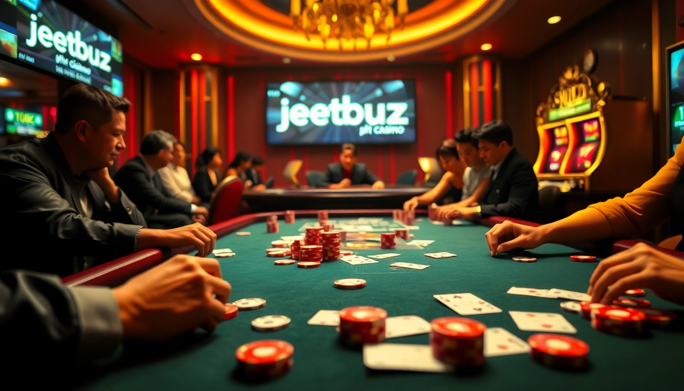 Experience the thrill of gambling with Jeetbuzz লগইন at a luxurious poker table featuring shiny chips.