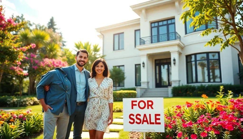 Agent showcasing Real Estate in front of a beautiful home with a vibrant garden.