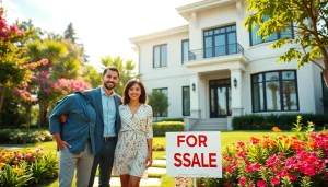 Agent showcasing Real Estate in front of a beautiful home with a vibrant garden.