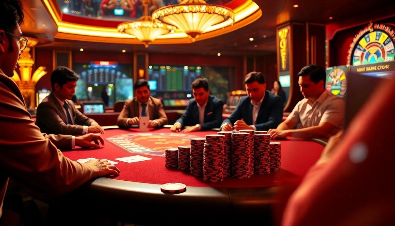Gamblers enjoying a thrilling poker game at UU88's luxurious casino.
