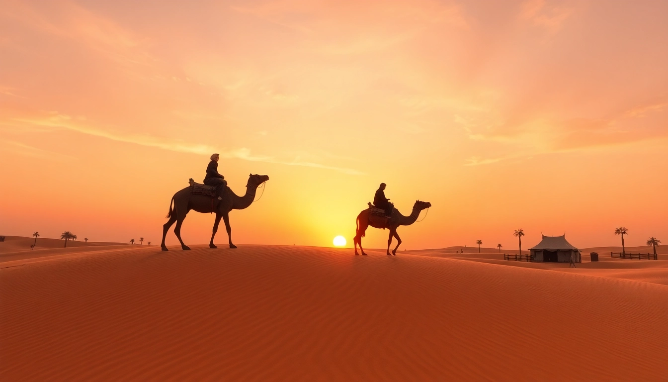 Agafay Desert camel ride at sunset, showcasing serene dunes and camels against vibrant sky.