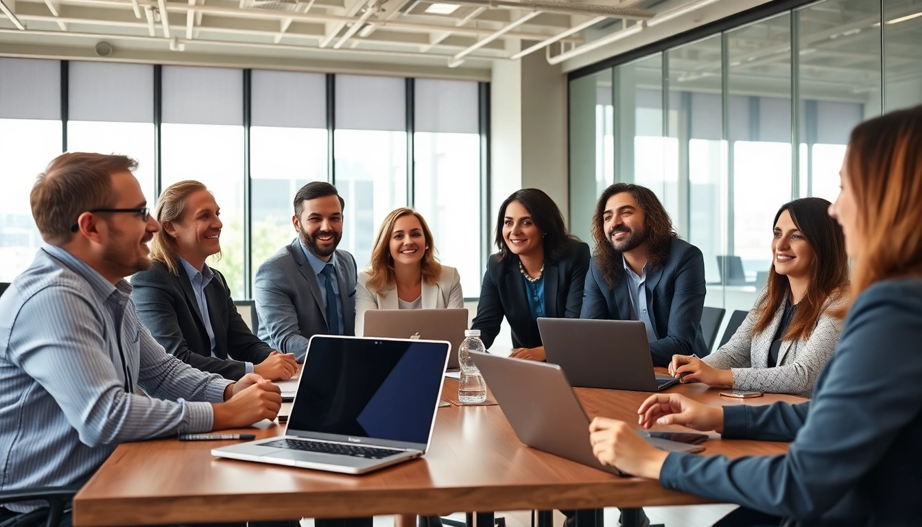 Professionals engaging in a business strategy meeting in a modern office.