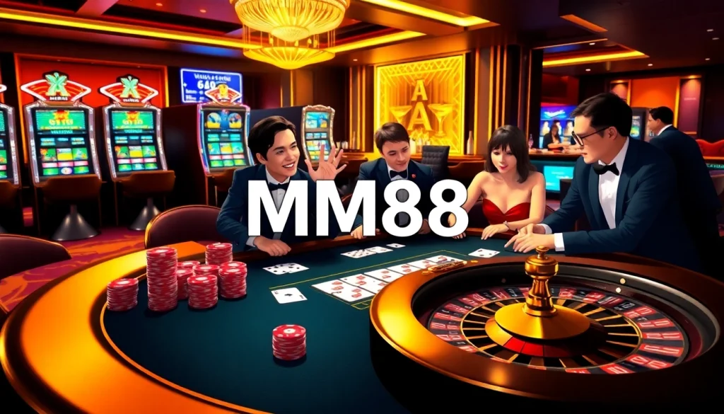 Players enjoying a high-stakes poker game at the MM88 casino, immersed in luxury and excitement.