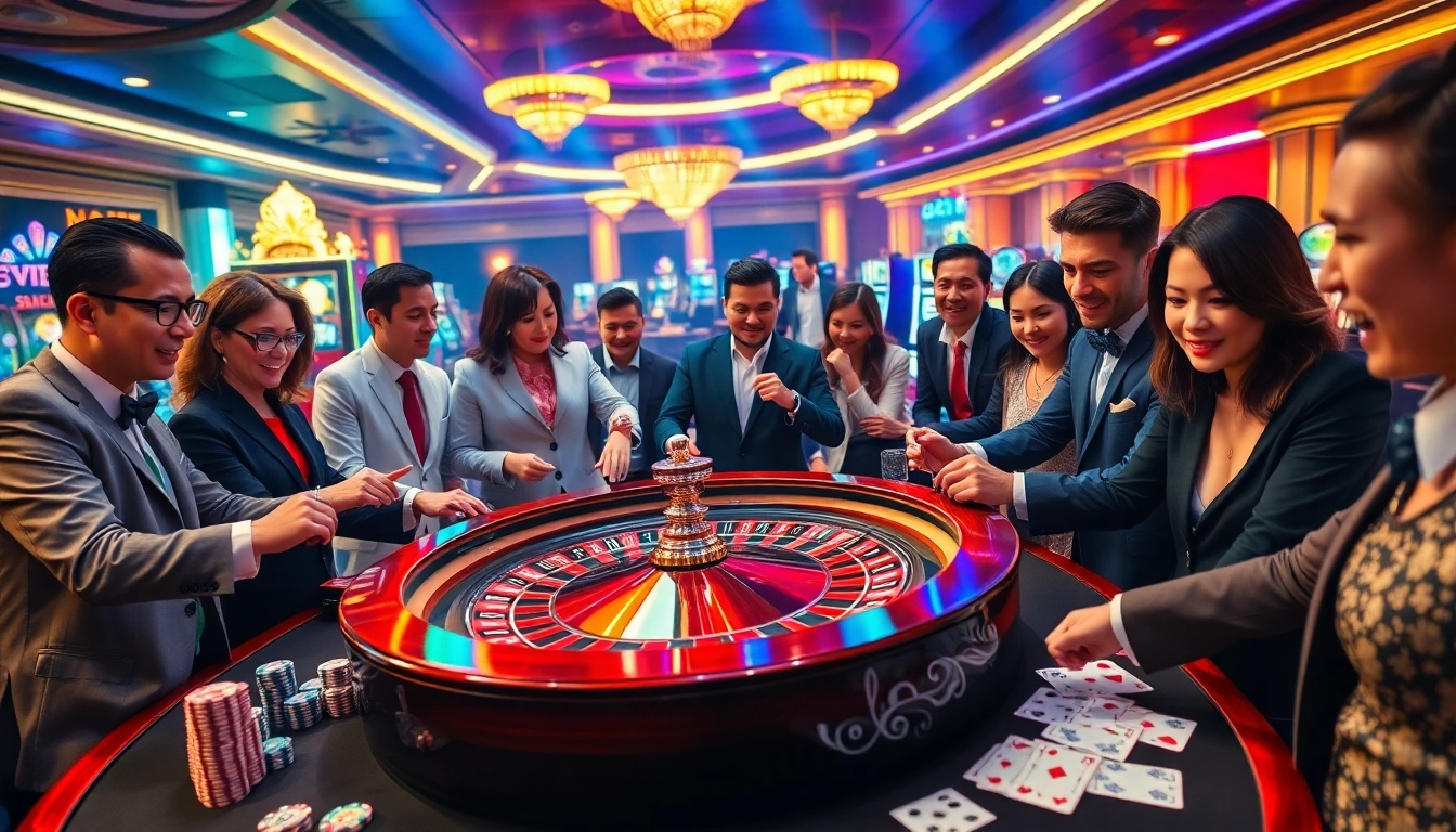 Players enjoying a thrilling game at the birutoto casino, surrounded by roulette tables and slot machines.
