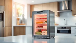 Showcasing a mini freezer filled with frozen goods in a modern kitchen setting.