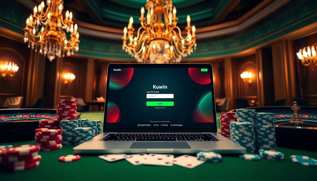 Kuwin đăng nhập interface displayed on a luxurious casino-themed laptop with casino props.