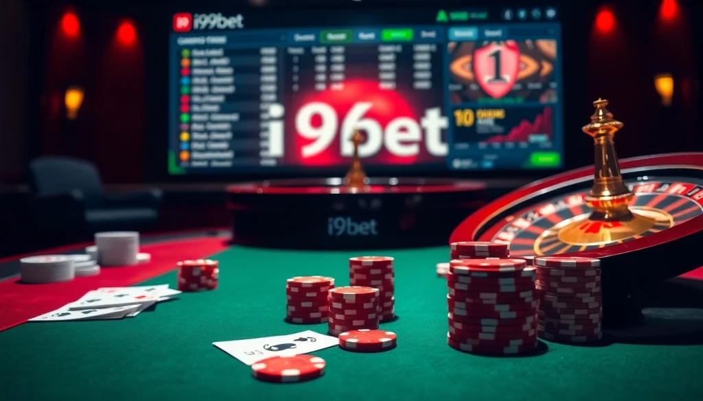 Experience high-stakes action at i9bet's vibrant casino table amid poker chips and cards.