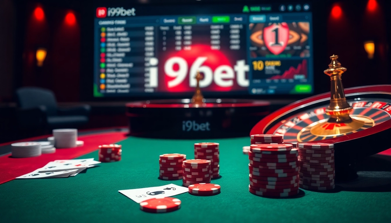 Experience high-stakes action at i9bet's vibrant casino table amid poker chips and cards.