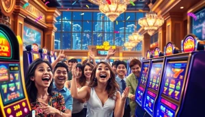 Pemain bersuka cita di mesin Slot Gacor di kasino yang mewah.
