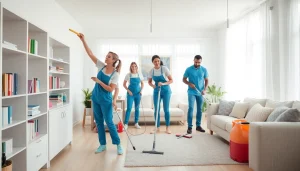 Cleaning service team efficiently organizing and cleaning a bright residential space.