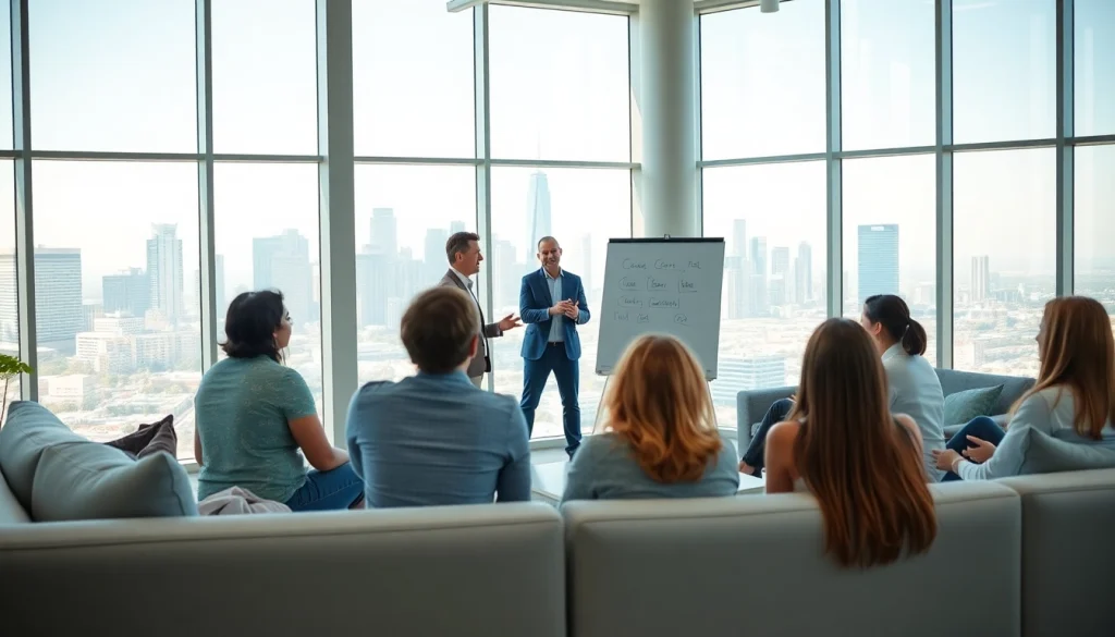 Engaging business coach los Angeles leading a workshop in a bright office environment.