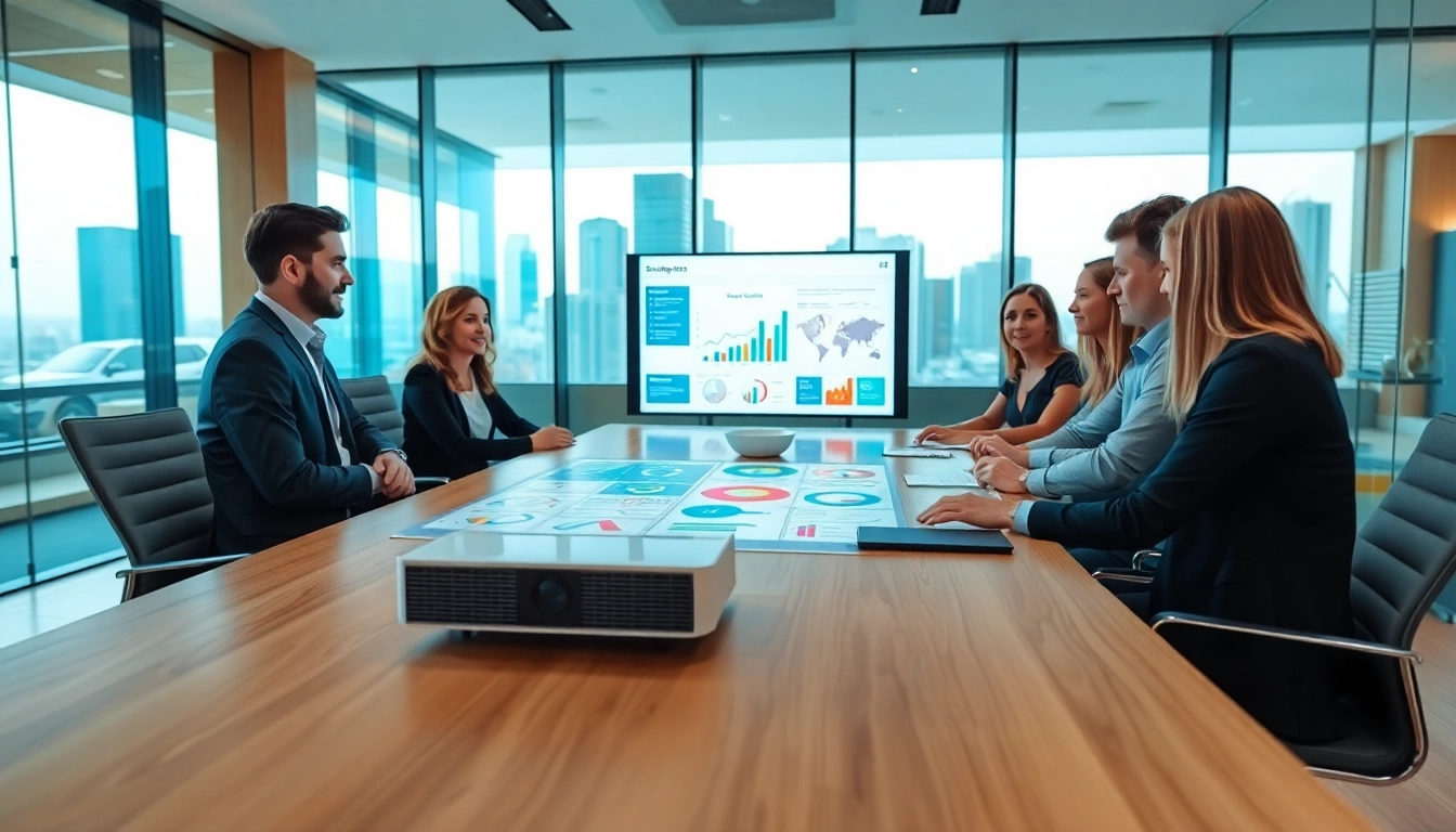 Agency professionals collaborating in a modern office setting with a projector display.