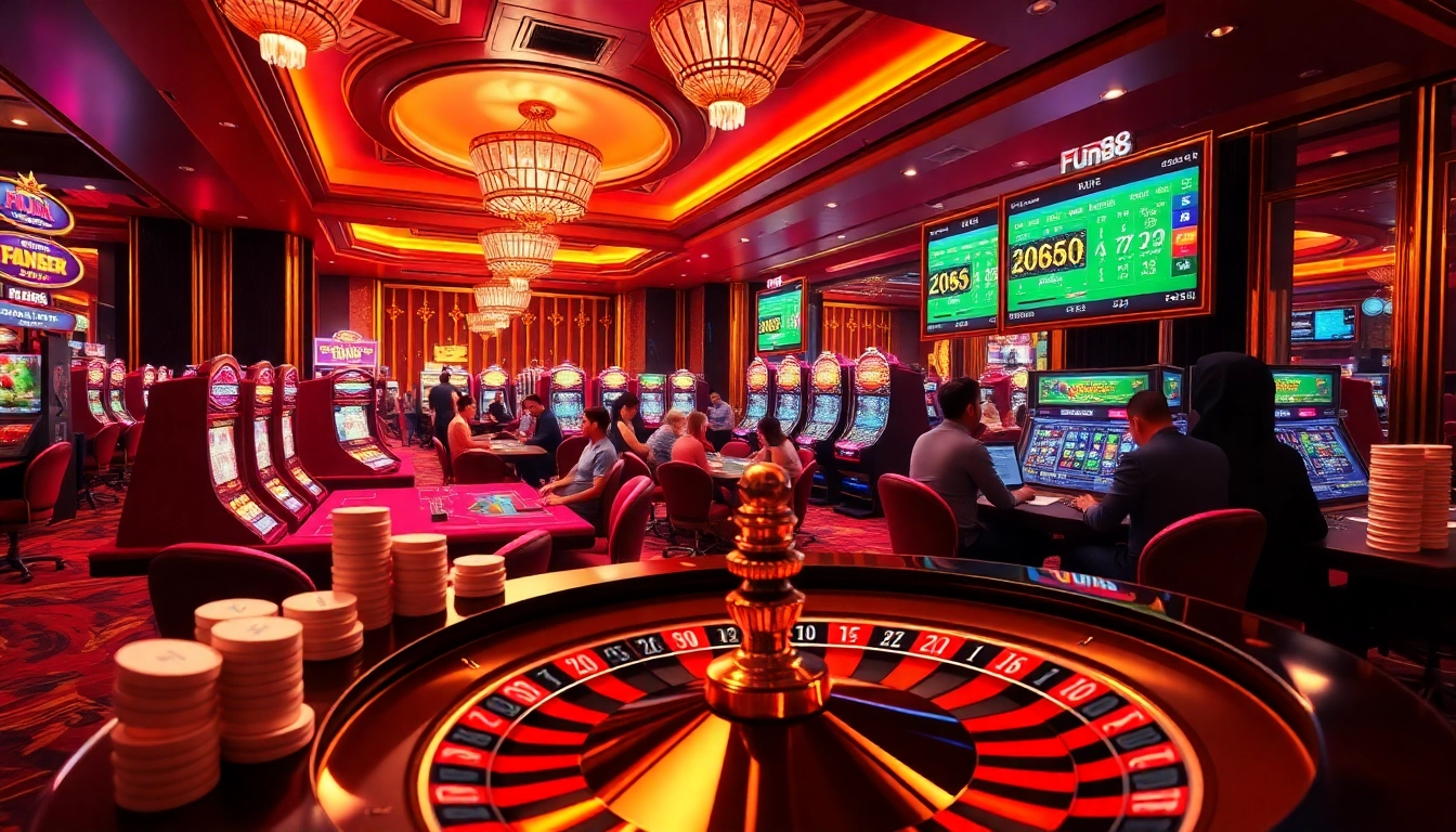 Fun88 gaming scene showing players at poker and blackjack tables in a vibrant luxury casino atmosphere.