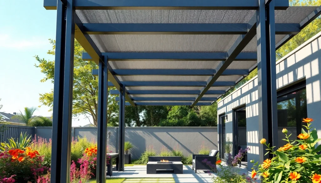 Enhance your outdoor space with a stylish modern steel pergola, showcasing sleek design and vibrant surroundings.