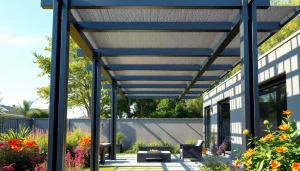 Enhance your outdoor space with a stylish modern steel pergola, showcasing sleek design and vibrant surroundings.