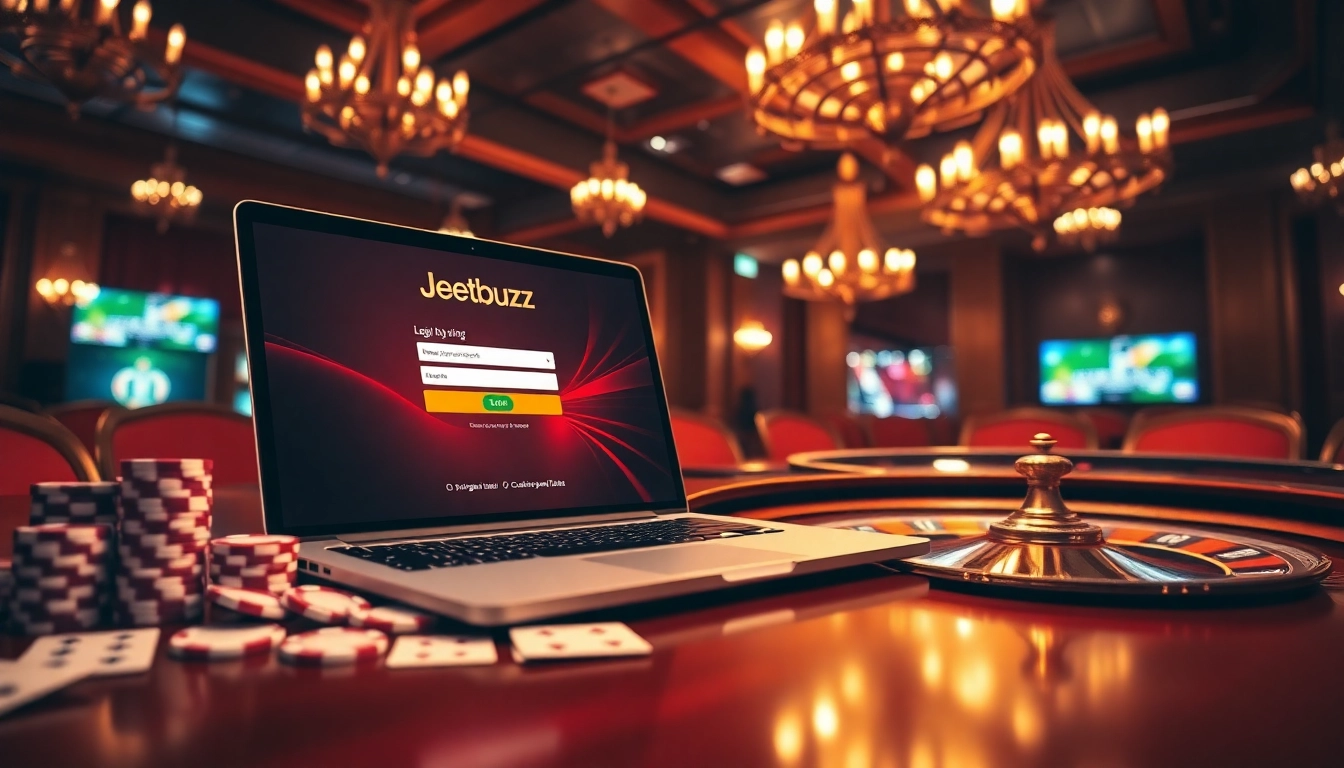jeetbuzz লগইন showcasing a luxurious online casino environment with poker chips and roulette wheel.
