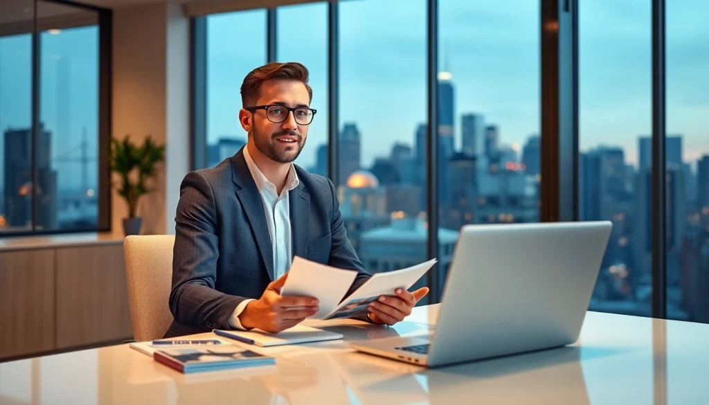 Engaging real estate agent presenting properties in a modern office.
