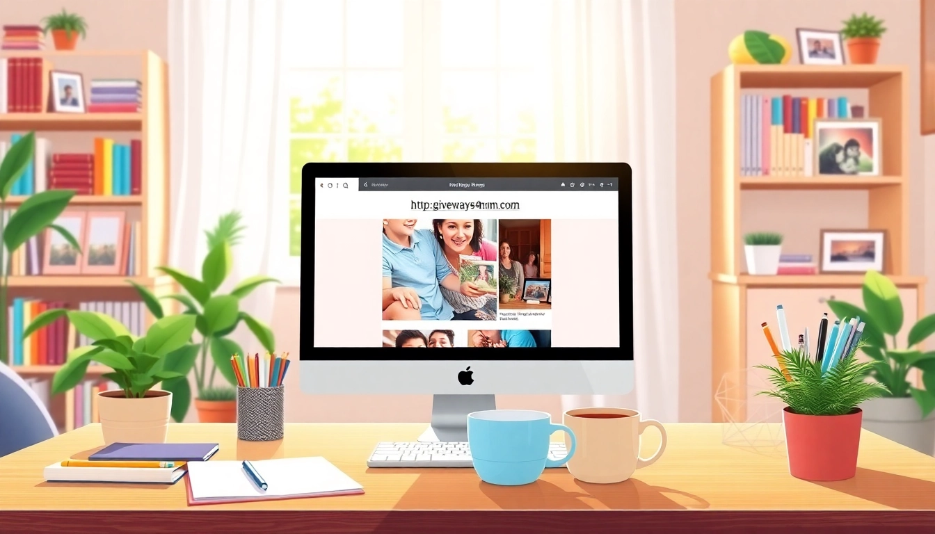 Engaging setting featuring a lifestyle blog display of https://giveaways4mom.com in a cozy home office.